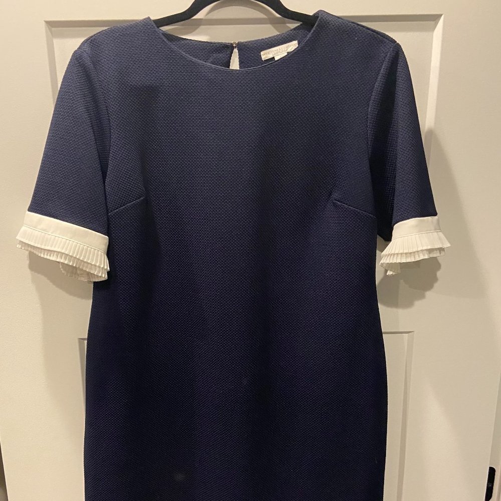 Navy Blue Dress w/White Pleated sleeves, Sz L, NY & Co., Stretch Knit